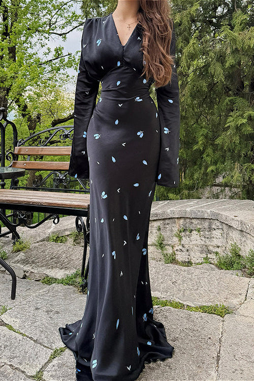 Satin V Neck Long Sleeve Tie Waist Elegant Maxi Floral Dress - Image 4