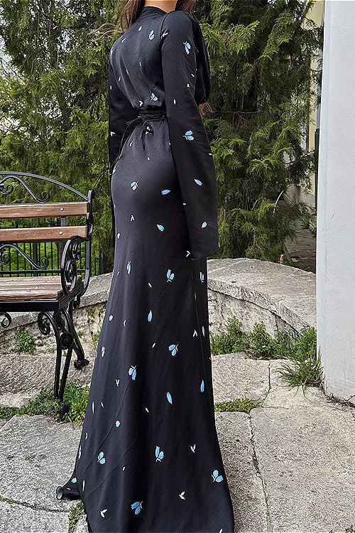 Satin V Neck Long Sleeve Tie Waist Elegant Maxi Floral Dress - Image 6