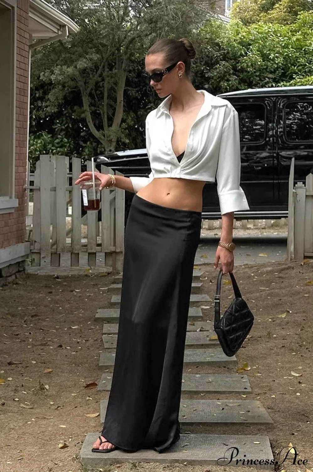 Satin V Neck Minimalist 5-Sleeve Crop Top - Image 3