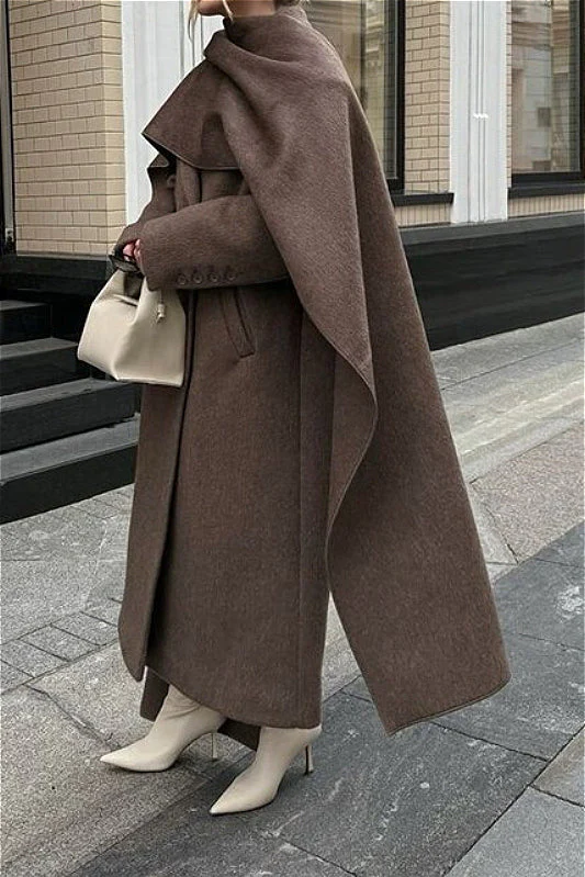 Scarf Collar Longline Woolen Elegant Solid Overcoat - Image 2