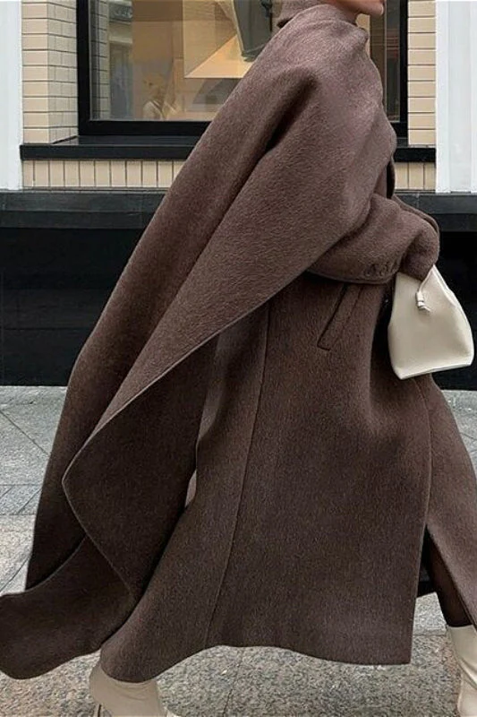 Scarf Collar Longline Woolen Elegant Solid Overcoat - Image 3