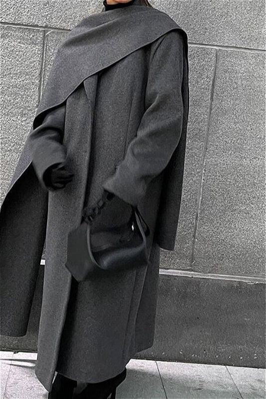 Scarf Collar Longline Woolen Elegant Solid Overcoat - Image 4