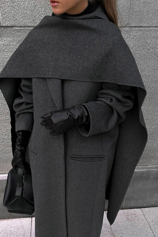 Scarf Collar Longline Woolen Elegant Solid Overcoat - Image 5