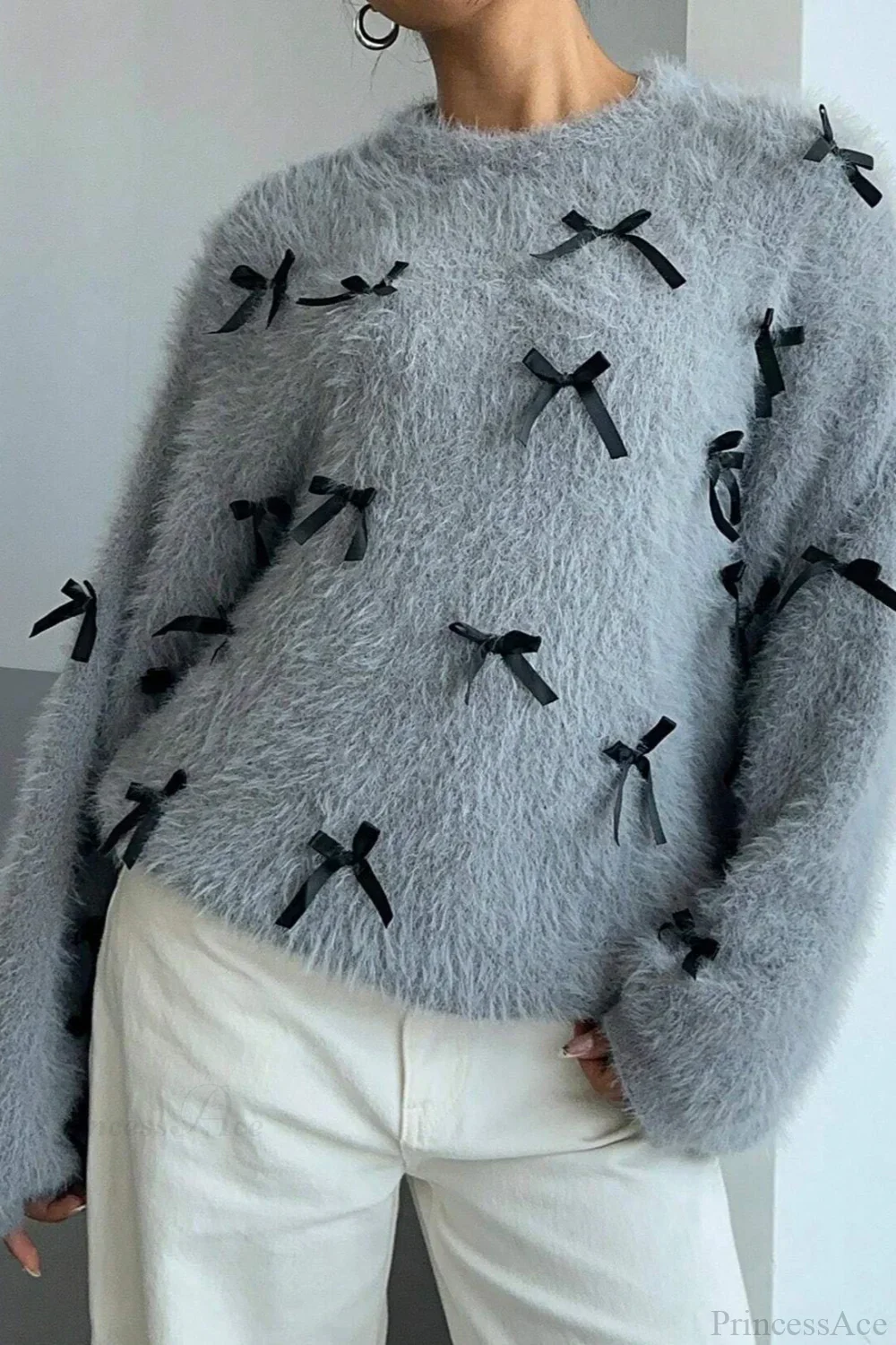 Seamoss Bow Decor Soft Crew Neck Loose Knit Sweater - Image 3