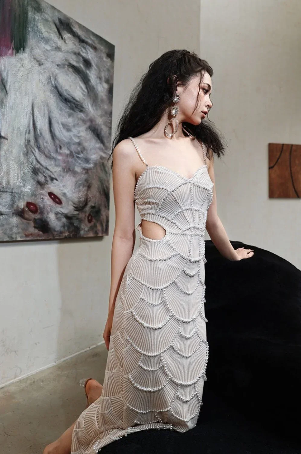 Sequin Beaded Cutout Waist Spaghetti Strap Evening Dress - Image 2