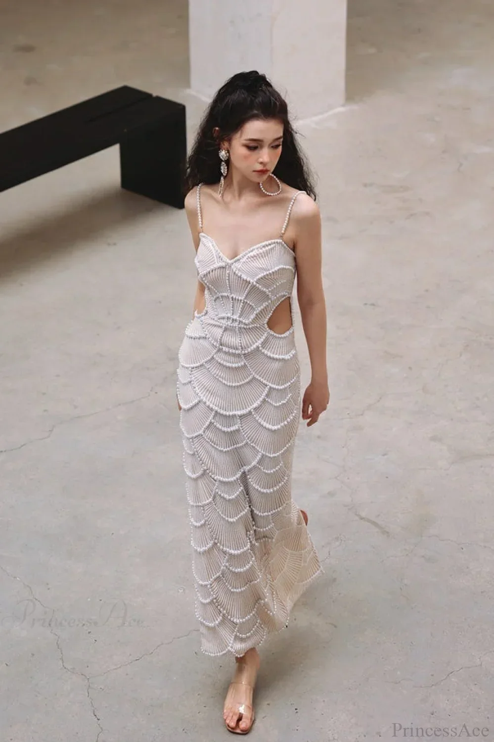 Sequin Beaded Cutout Waist Spaghetti Strap Evening Dress - Image 5