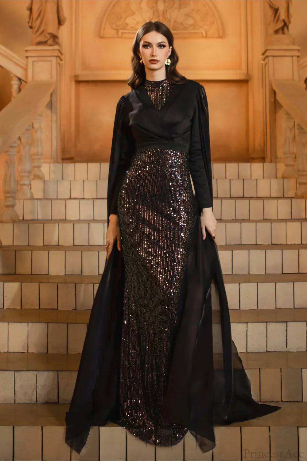 Sequin Crew Neck Long Sleeve Fitted Bodycon Evening Dress - Image 2