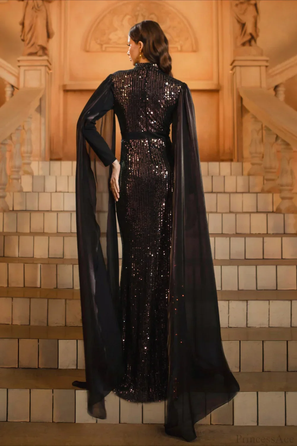Sequin Crew Neck Long Sleeve Fitted Bodycon Evening Dress - Image 3