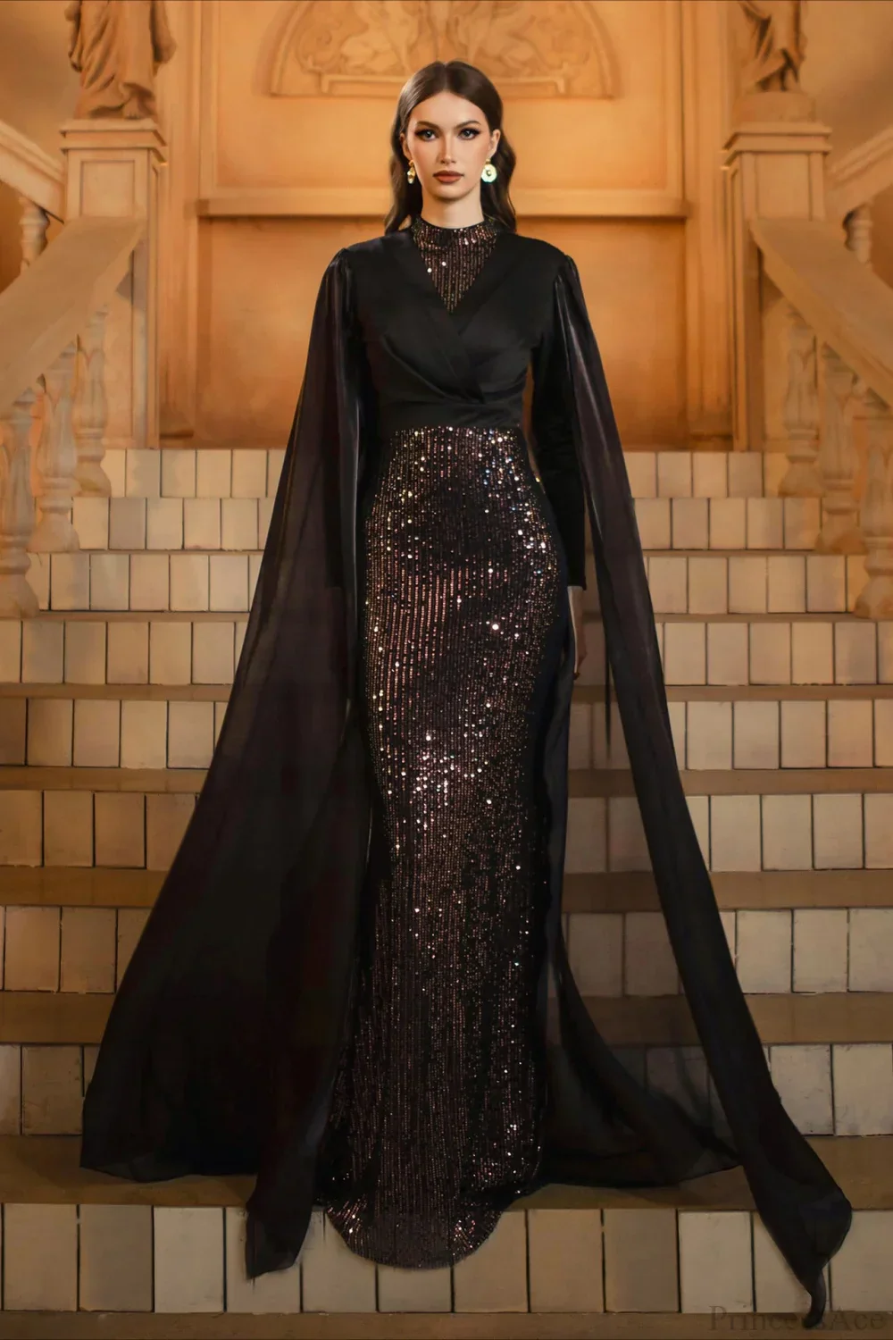 Sequin Crew Neck Long Sleeve Fitted Bodycon Evening Dress - Image 5