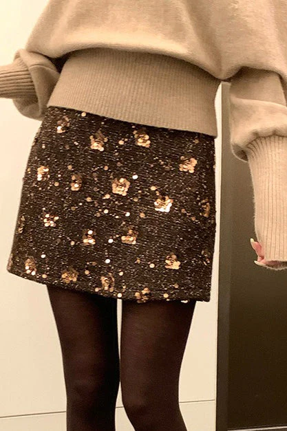 Sequin Embroidered High Waist A-line Fitted Short Skirt - Image 3