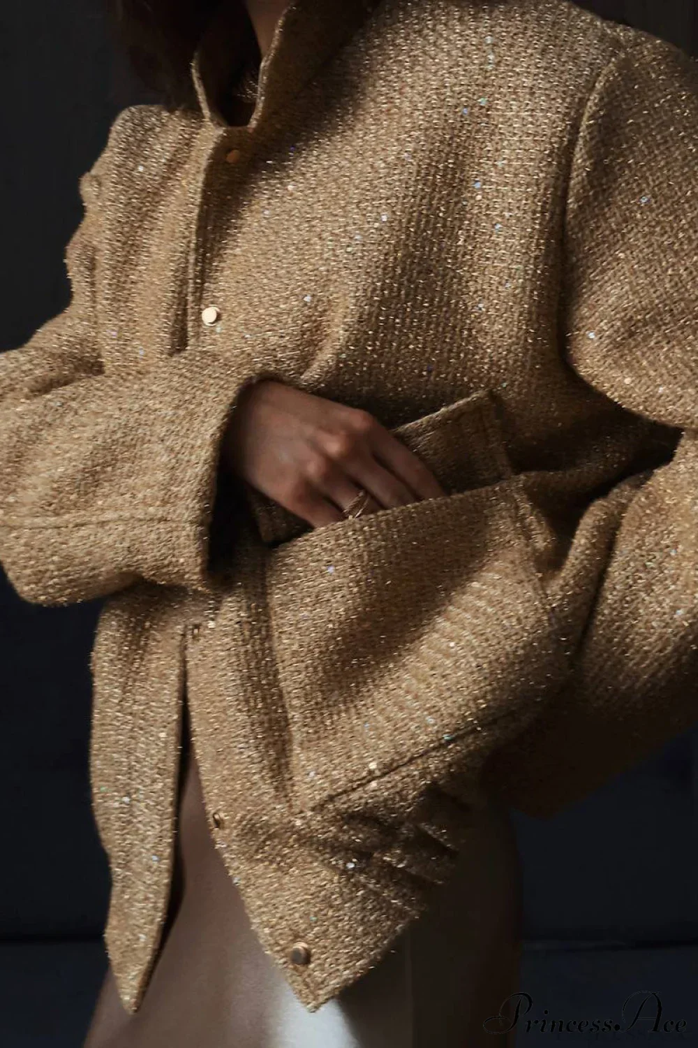 Sequin Metallic Stand Collar Loose Fashion Coat - Image 2