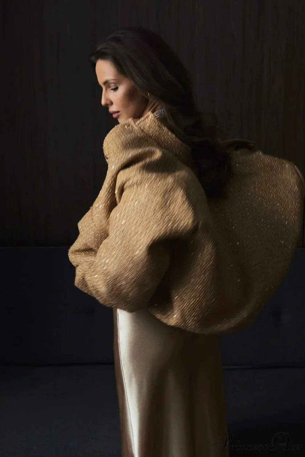 Sequin Metallic Stand Collar Loose Fashion Coat - Image 3