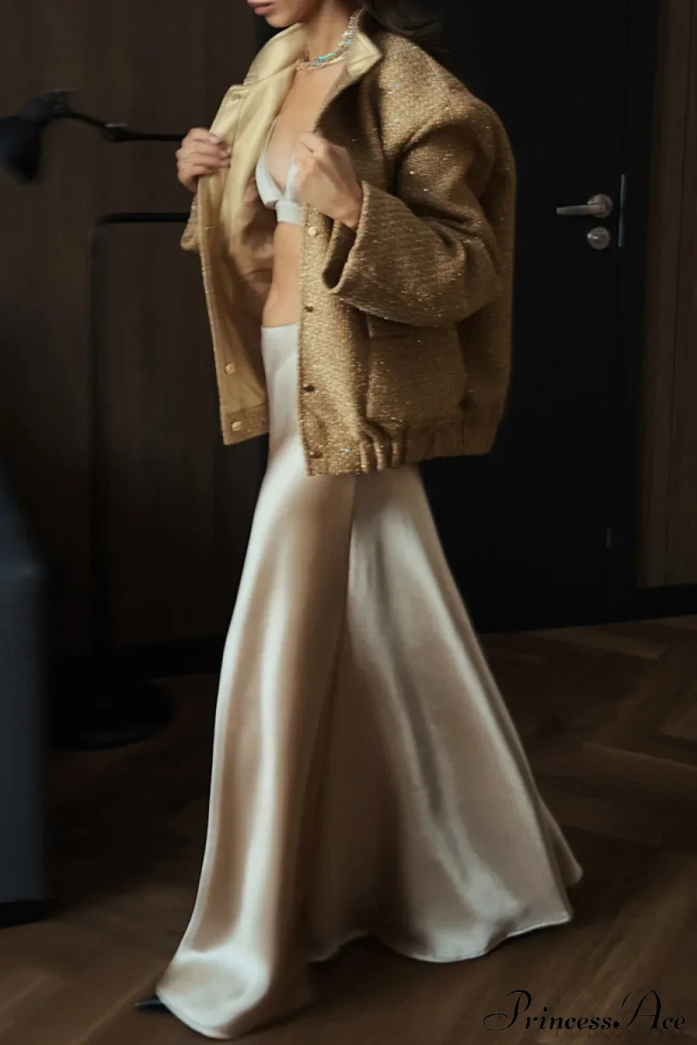 Sequin Metallic Stand Collar Loose Fashion Coat - Image 4