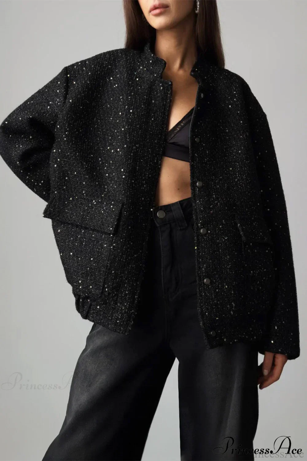 Sequin Metallic Stand Collar Loose Fashion Coat - Image 6