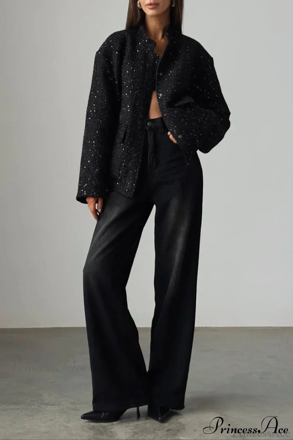 Sequin Metallic Stand Collar Loose Fashion Coat - Image 8