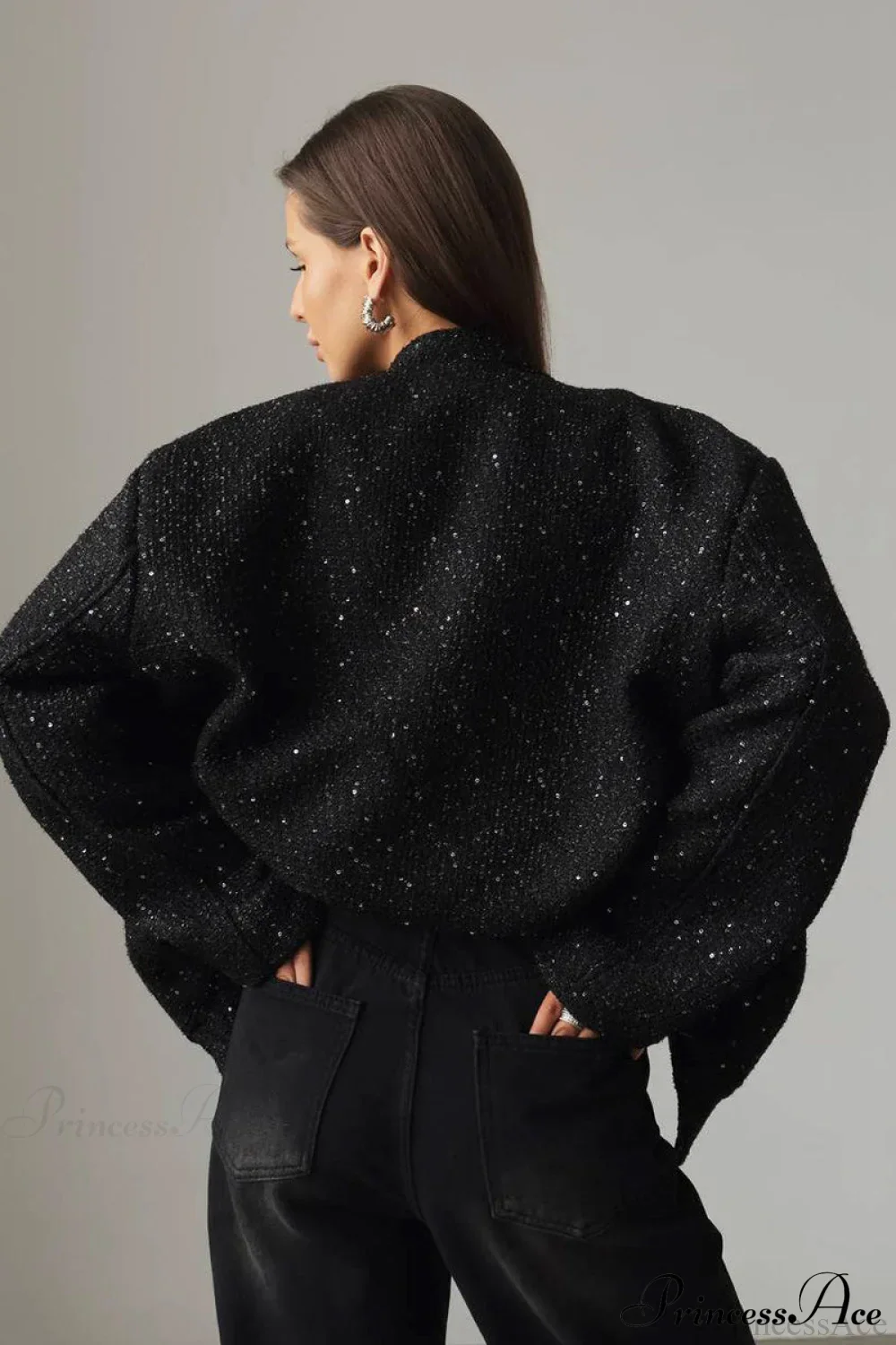 Sequin Metallic Stand Collar Loose Fashion Coat - Image 9