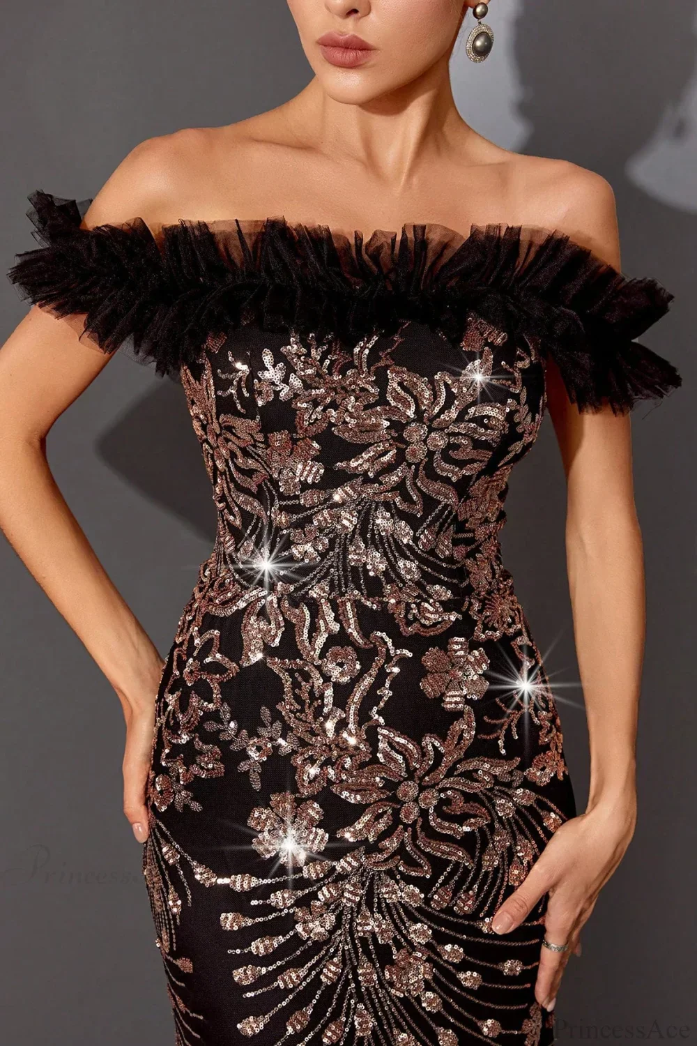 Sequin Off-the-Shoulder Fitted Mermaid Evening Dress - Image 3