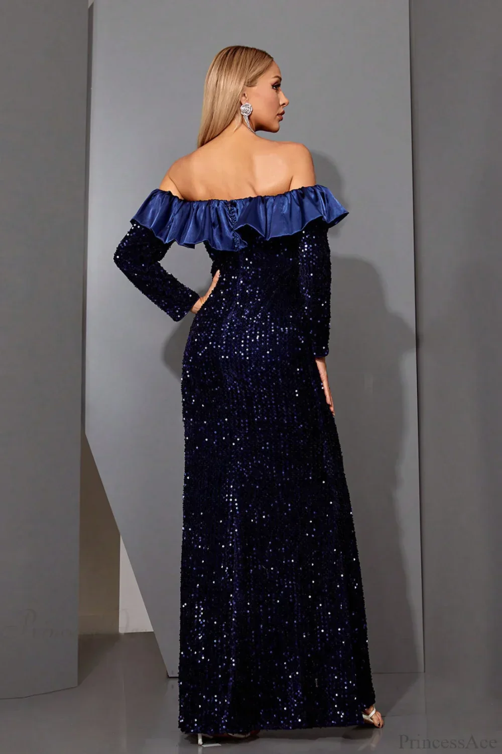 Sequin Off-the-Shoulder Long Sleeve Fitted Mermaid Evening Dress - Image 4