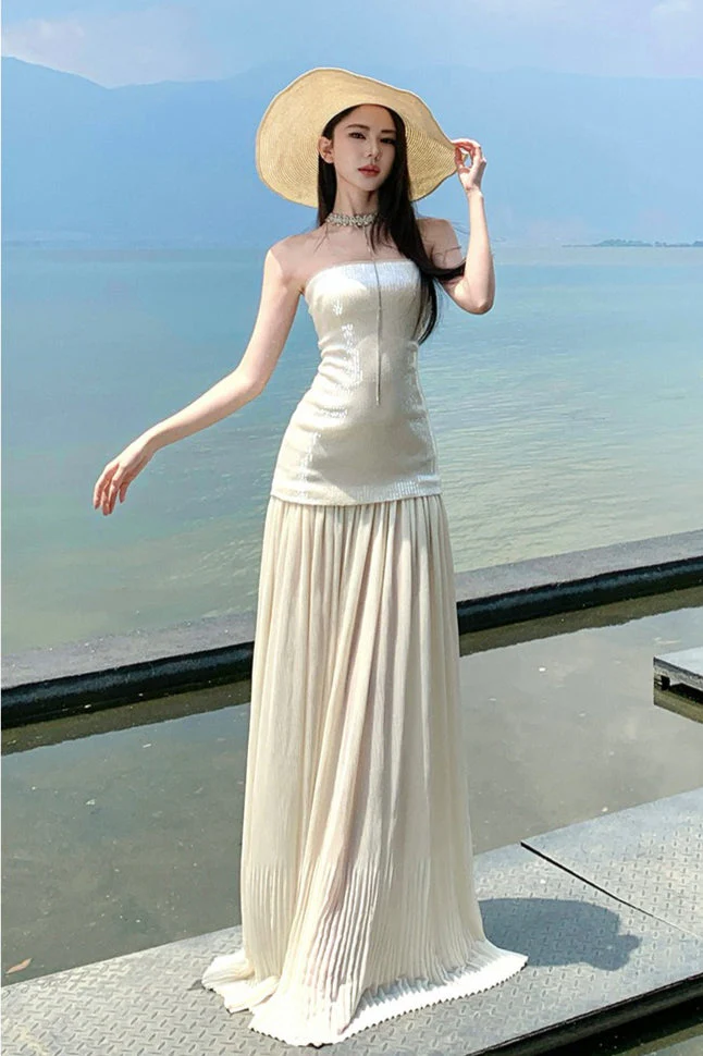 Sequin Patchwork Strapless Flowy Maxi Dress - Image 4
