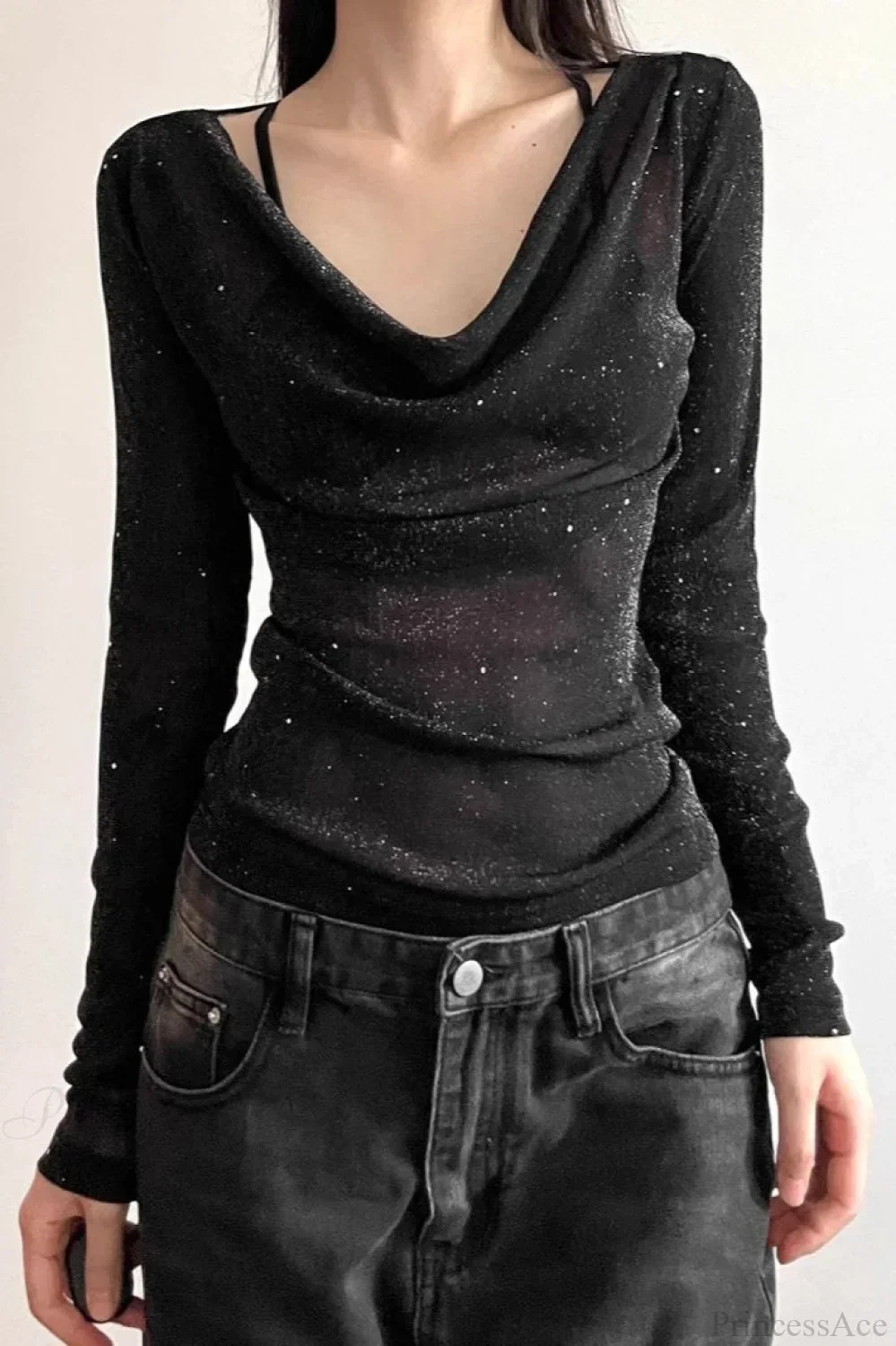 Sequined V-Neck Slim Elegant Long Sleeve Tee - Image 2