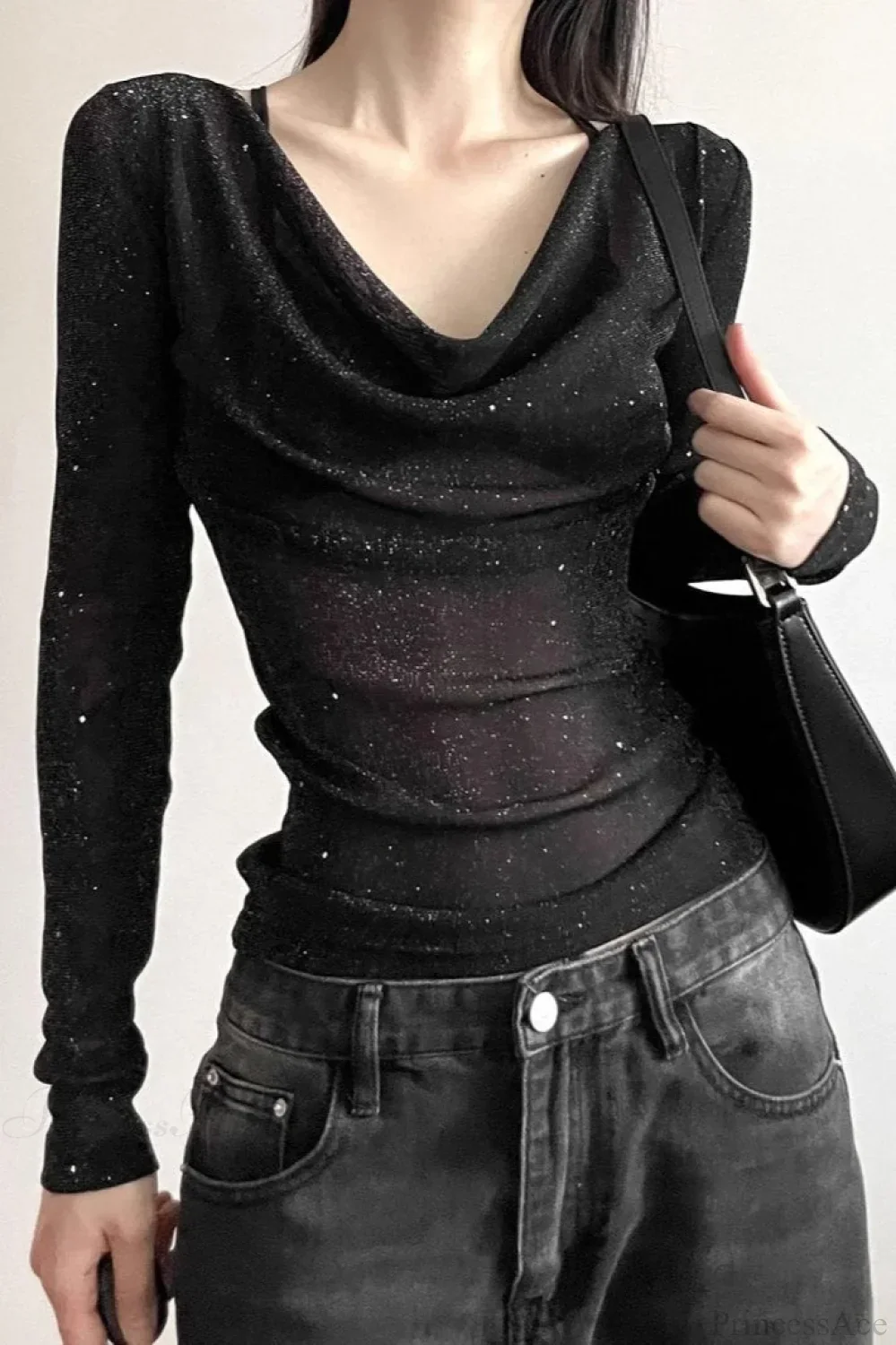 Sequined V-Neck Slim Elegant Long Sleeve Tee - Image 3