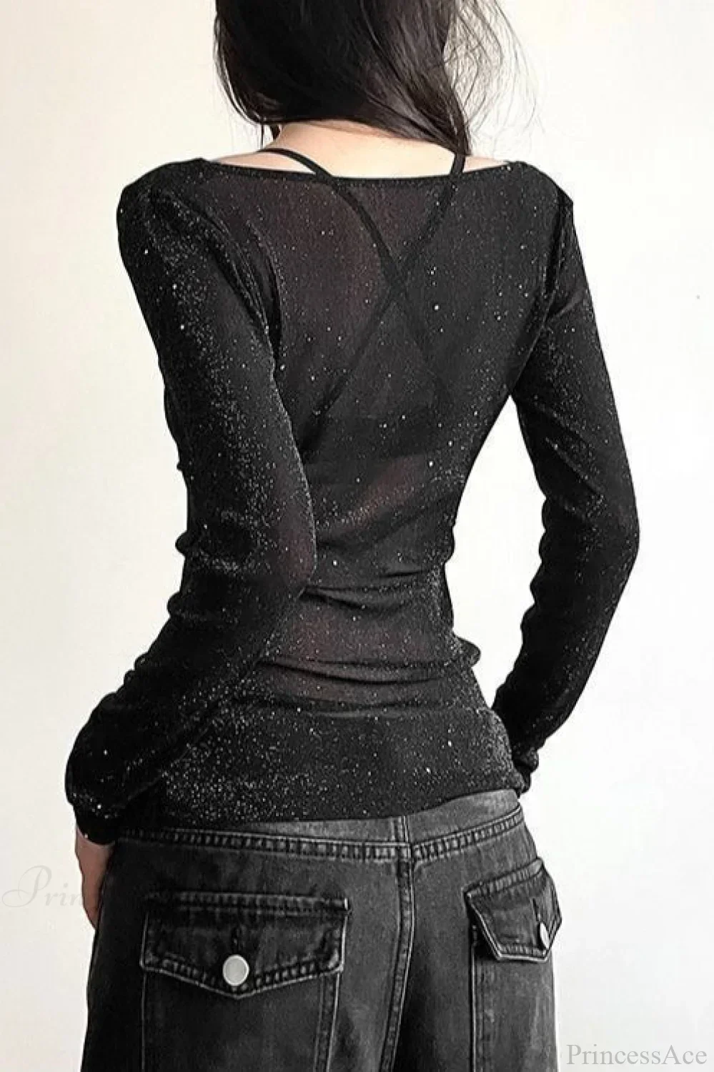 Sequined V-Neck Slim Elegant Long Sleeve Tee - Image 4