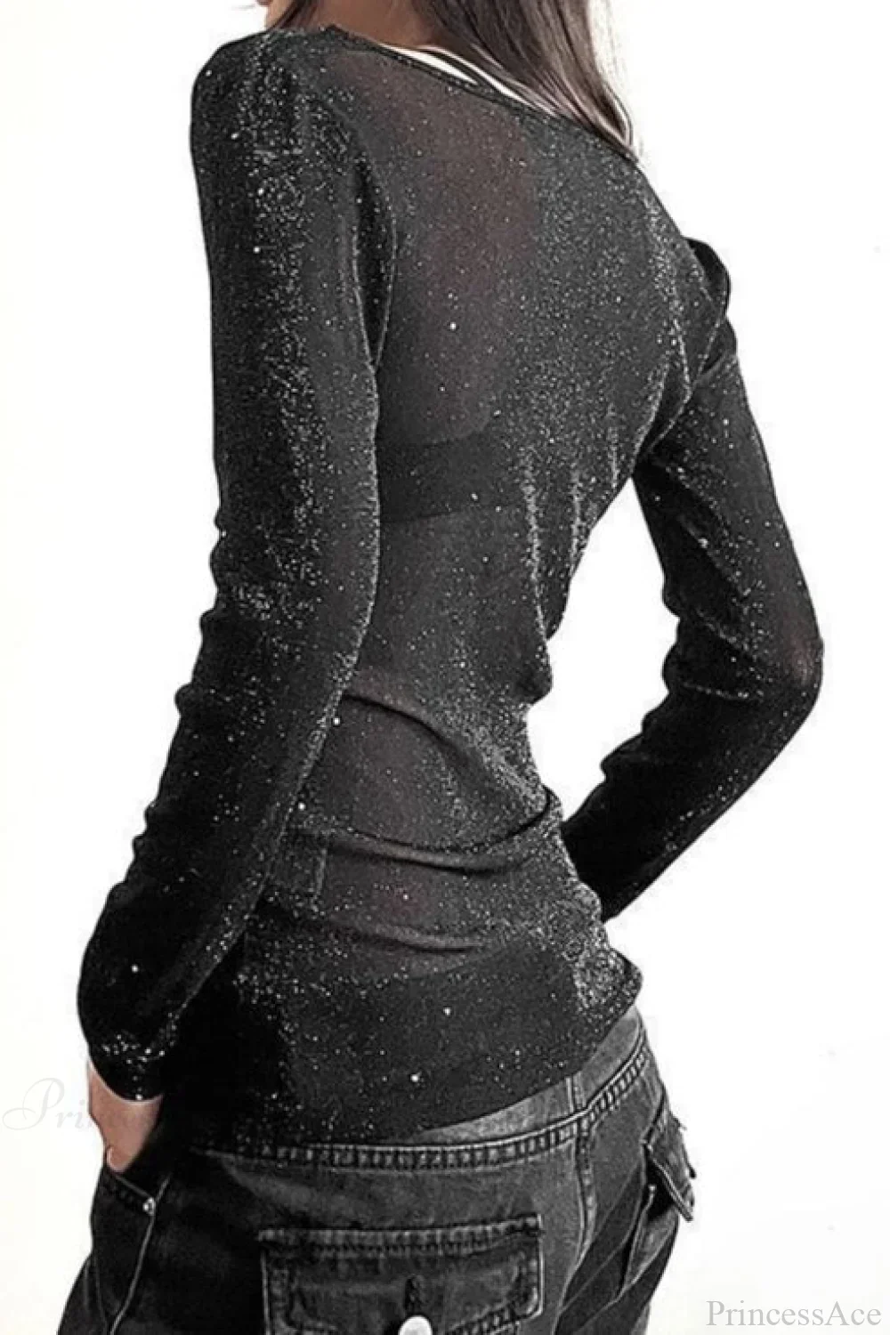 Sequined V-Neck Slim Elegant Long Sleeve Tee - Image 5