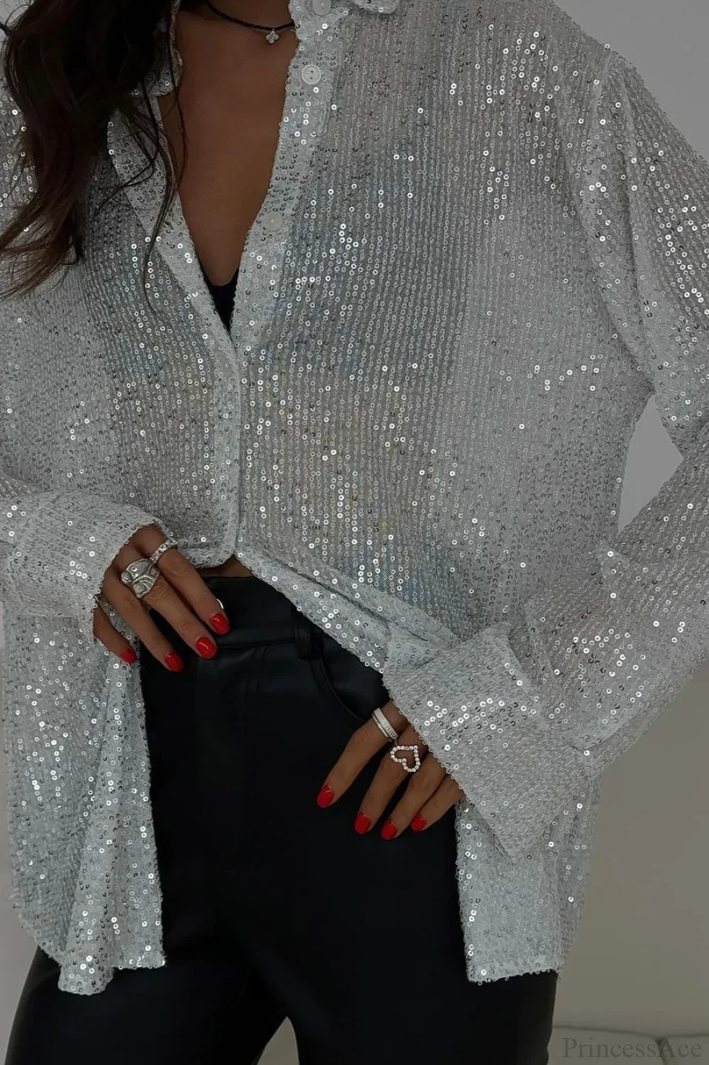 Sequins Long Sleeve Open Front Blouse - Image 3