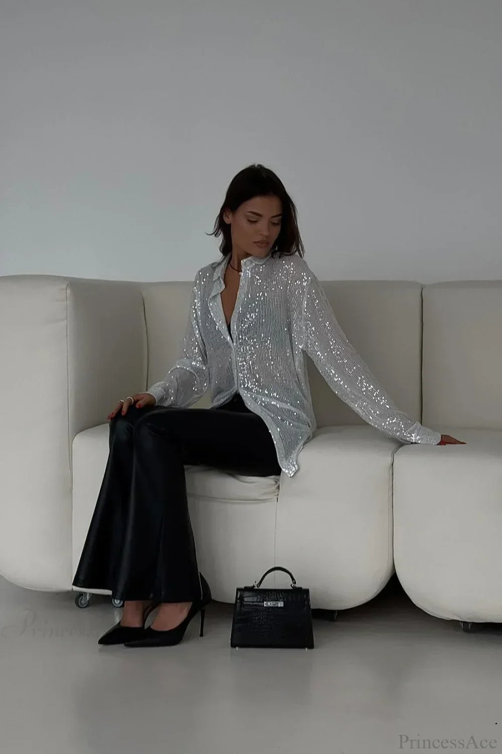 Sequins Long Sleeve Open Front Blouse - Image 4