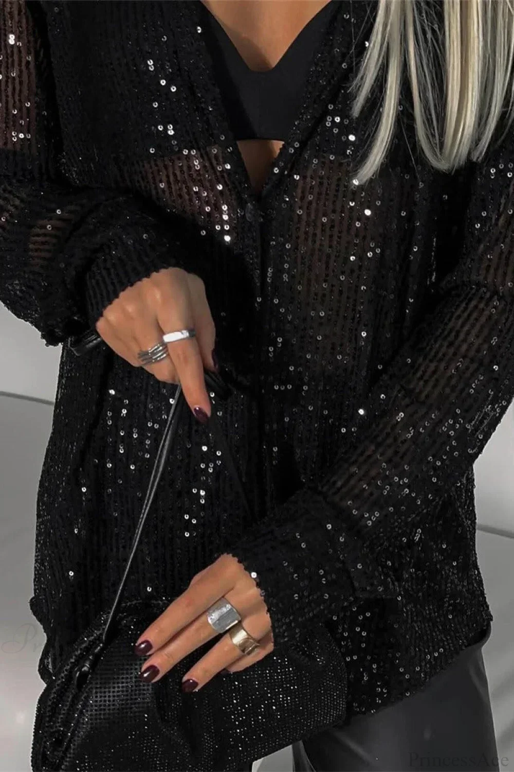 Sequins Long Sleeve Open Front Blouse - Image 8