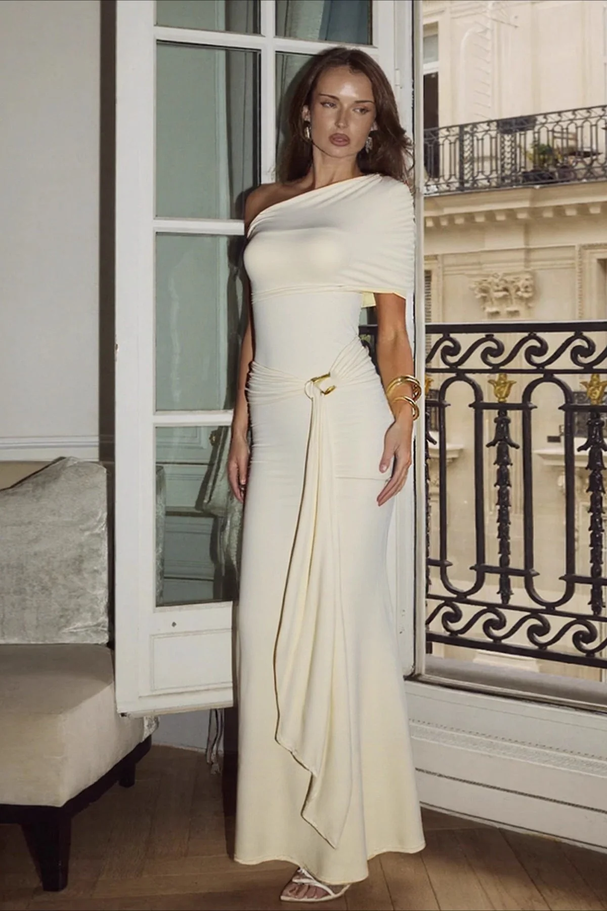 Sexy Asymmetrical Shoulder Tie Wrap Bodycon Maxi Dress - Image 2