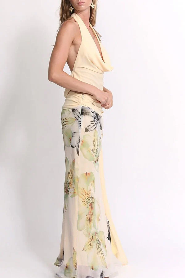 Sexy Backless Halter Top Slim Printed Maxi Skirt Set - Image 7