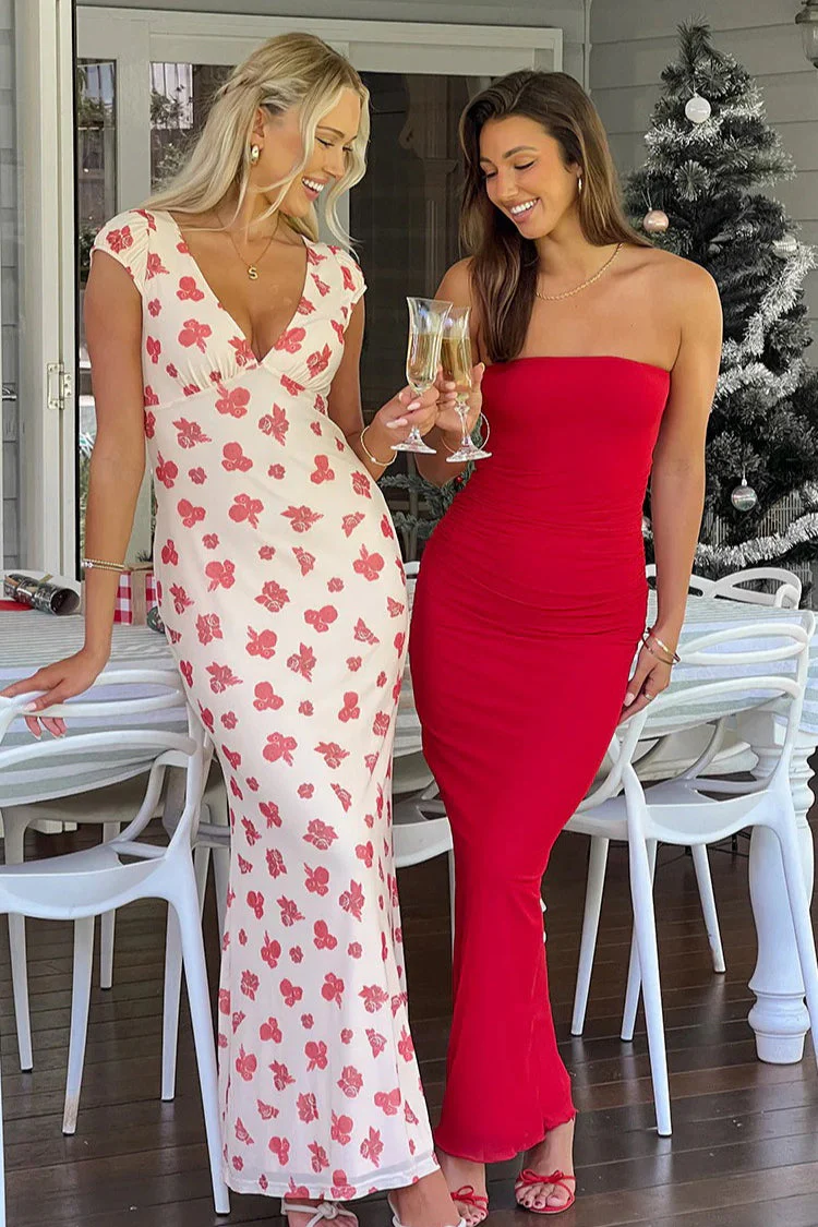 Sexy Bandeau Mesh Ruched Floral Print Maxi Dress - Image 7