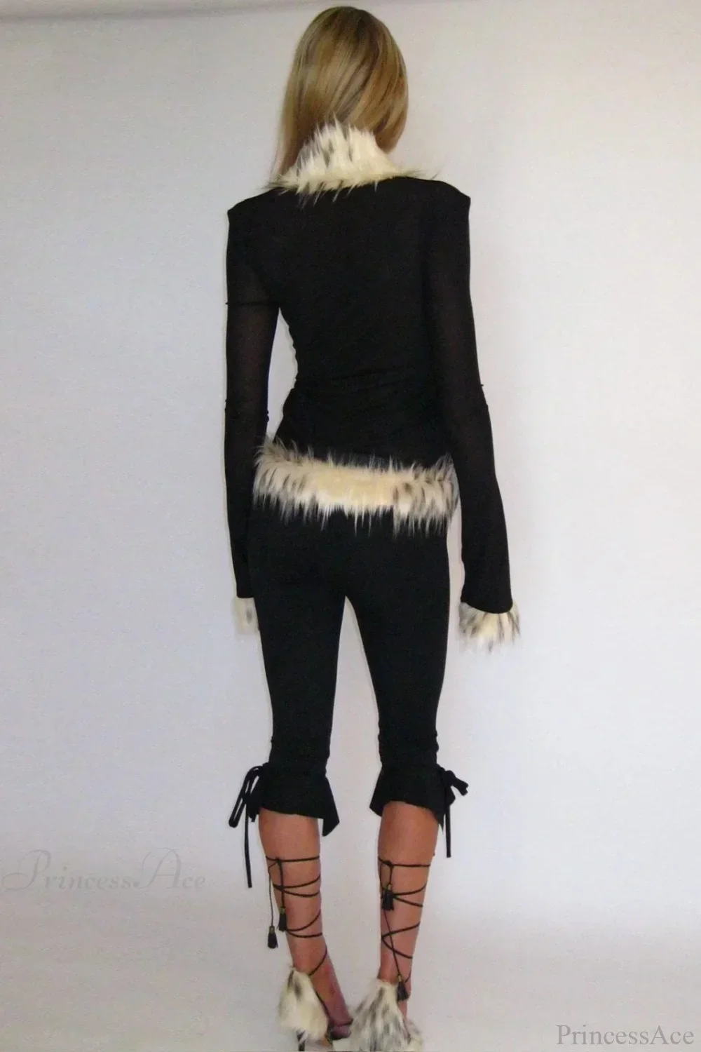 Sexy Chic Fur Collar Tulle Panel Cropped Long Sleeve Blouse - Image 5