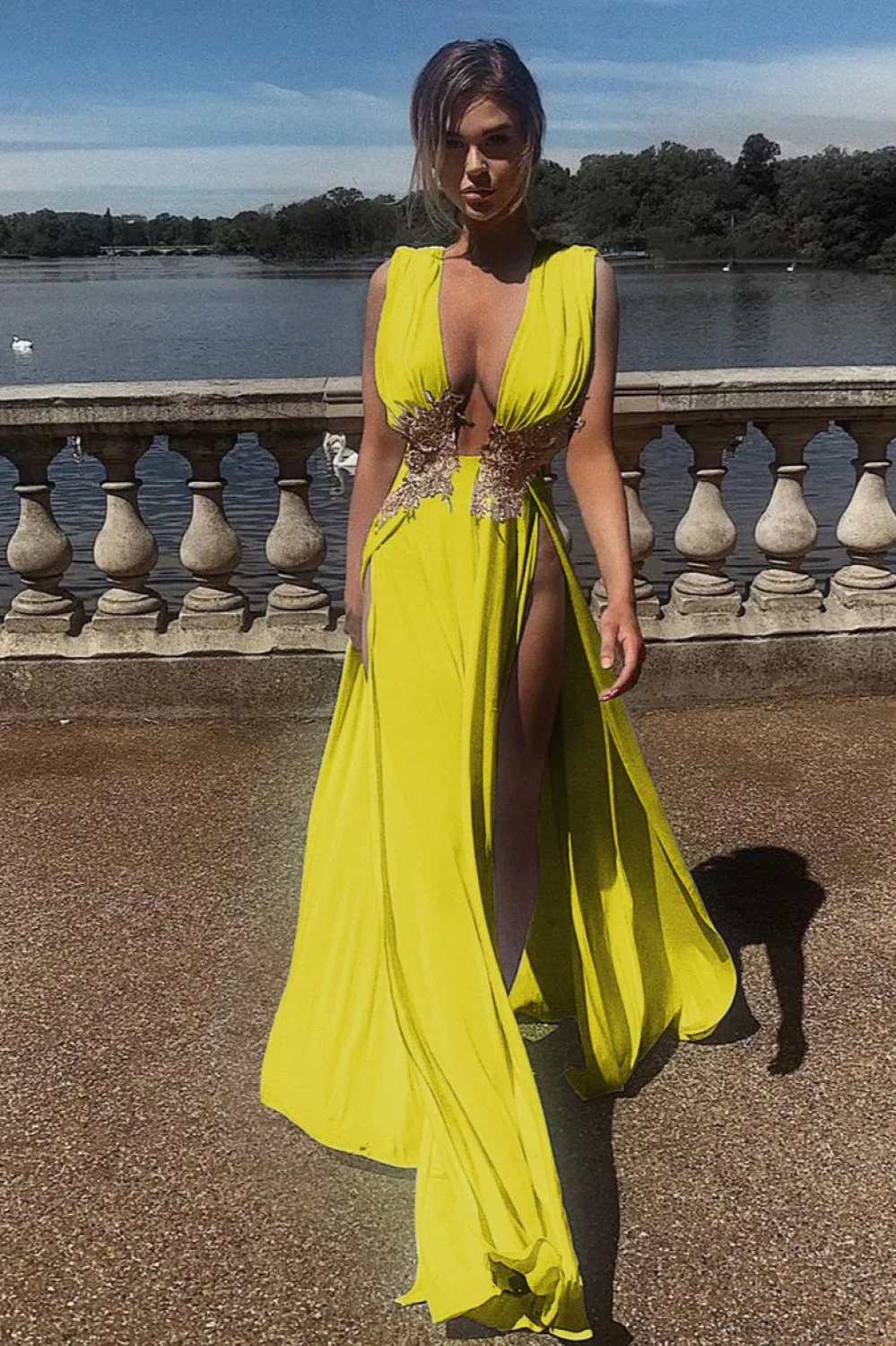 Sexy Deep V High Slit Flared Evening Dress - Image 7