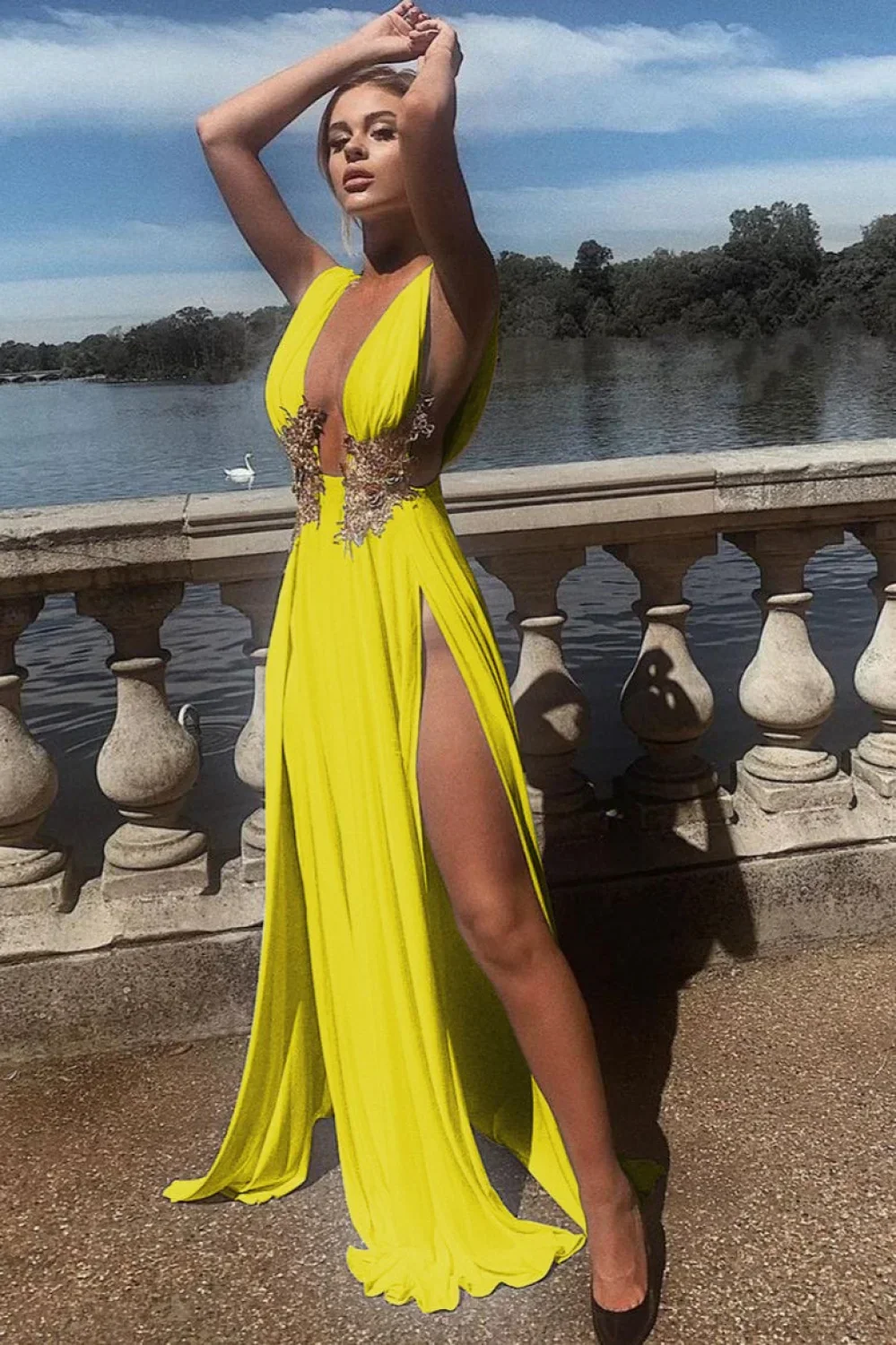 Sexy Deep V High Slit Flared Evening Dress - Image 8