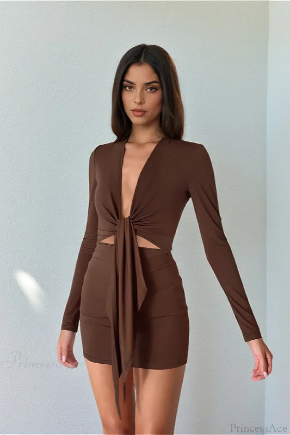Sexy Deep V Knit Long Sleeve Hollow Out Bodycon Mini Dress - Image 3