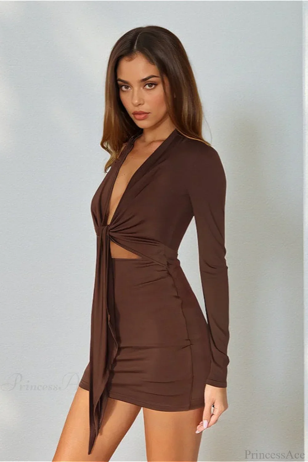Sexy Deep V Knit Long Sleeve Hollow Out Bodycon Mini Dress - Image 4