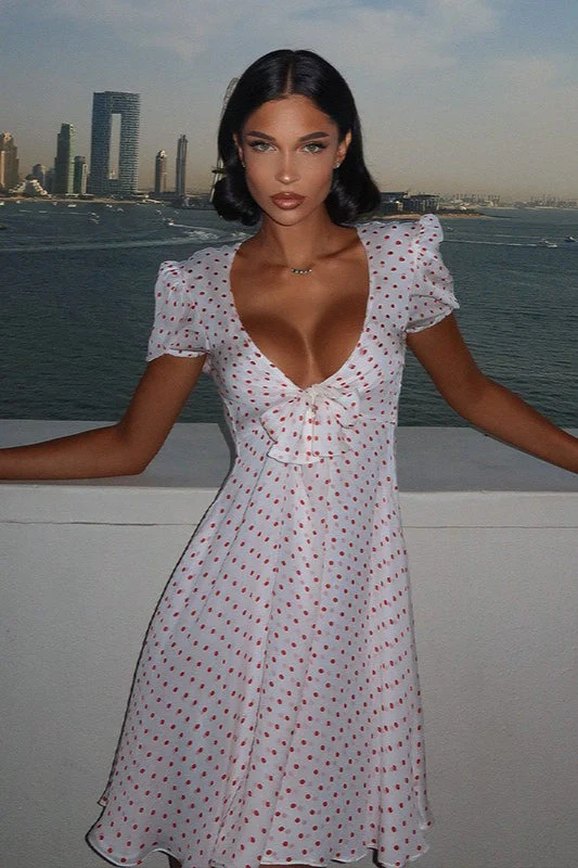 Sexy Deep V Puff Sleeve High Waist Polka Dot Mini Dress - Image 3