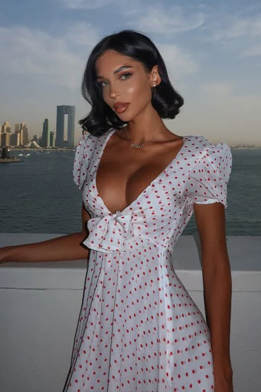 Sexy Deep V Puff Sleeve High Waist Polka Dot Mini Dress - Image 4
