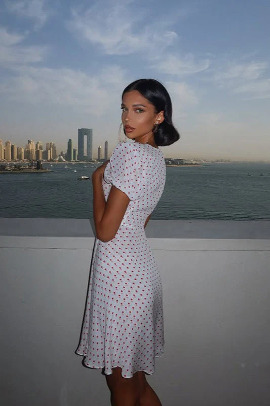Sexy Deep V Puff Sleeve High Waist Polka Dot Mini Dress - Image 5