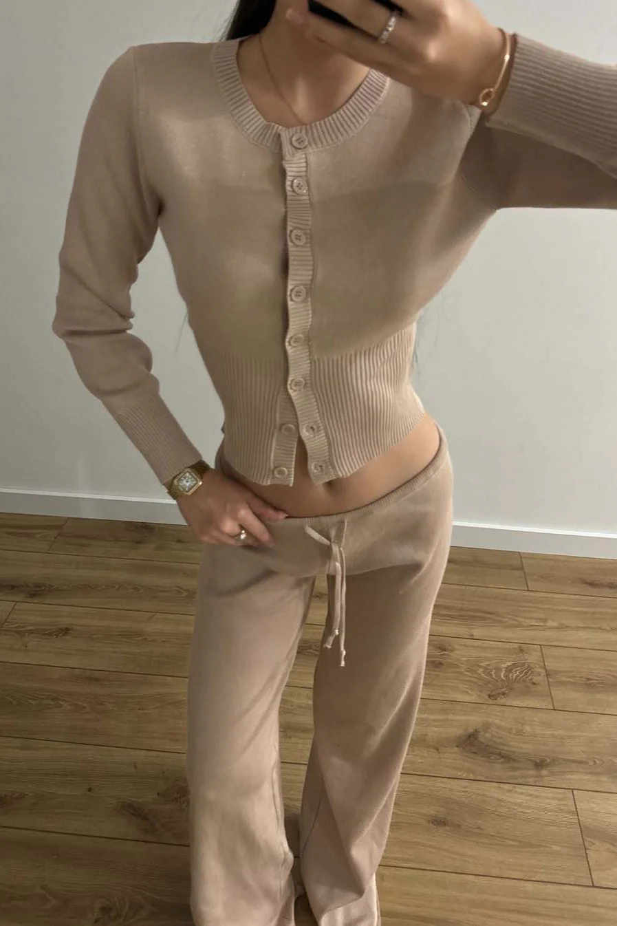 Sexy Fitted Buttoned Long-Sleeve Low-Rise Knit Two Piece Set - Image 4
