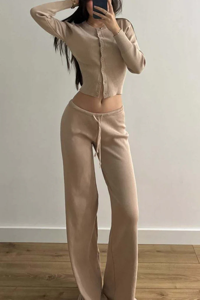 Sexy Fitted Buttoned Long-Sleeve Low-Rise Knit Two Piece Set - Image 5