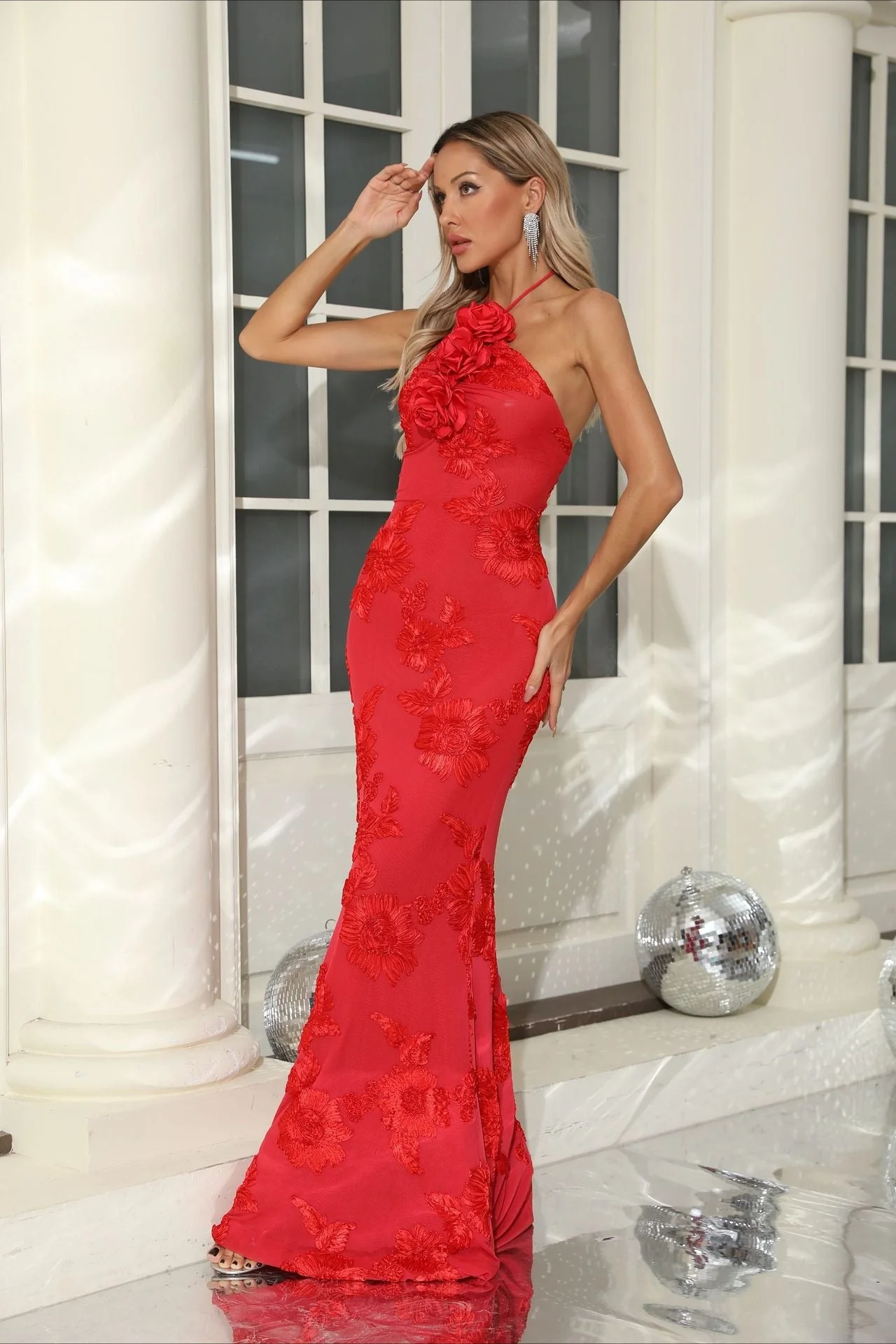 Sexy Halter 3D Flower Embroidery Open Back Bodycon Party Dress - Image 3