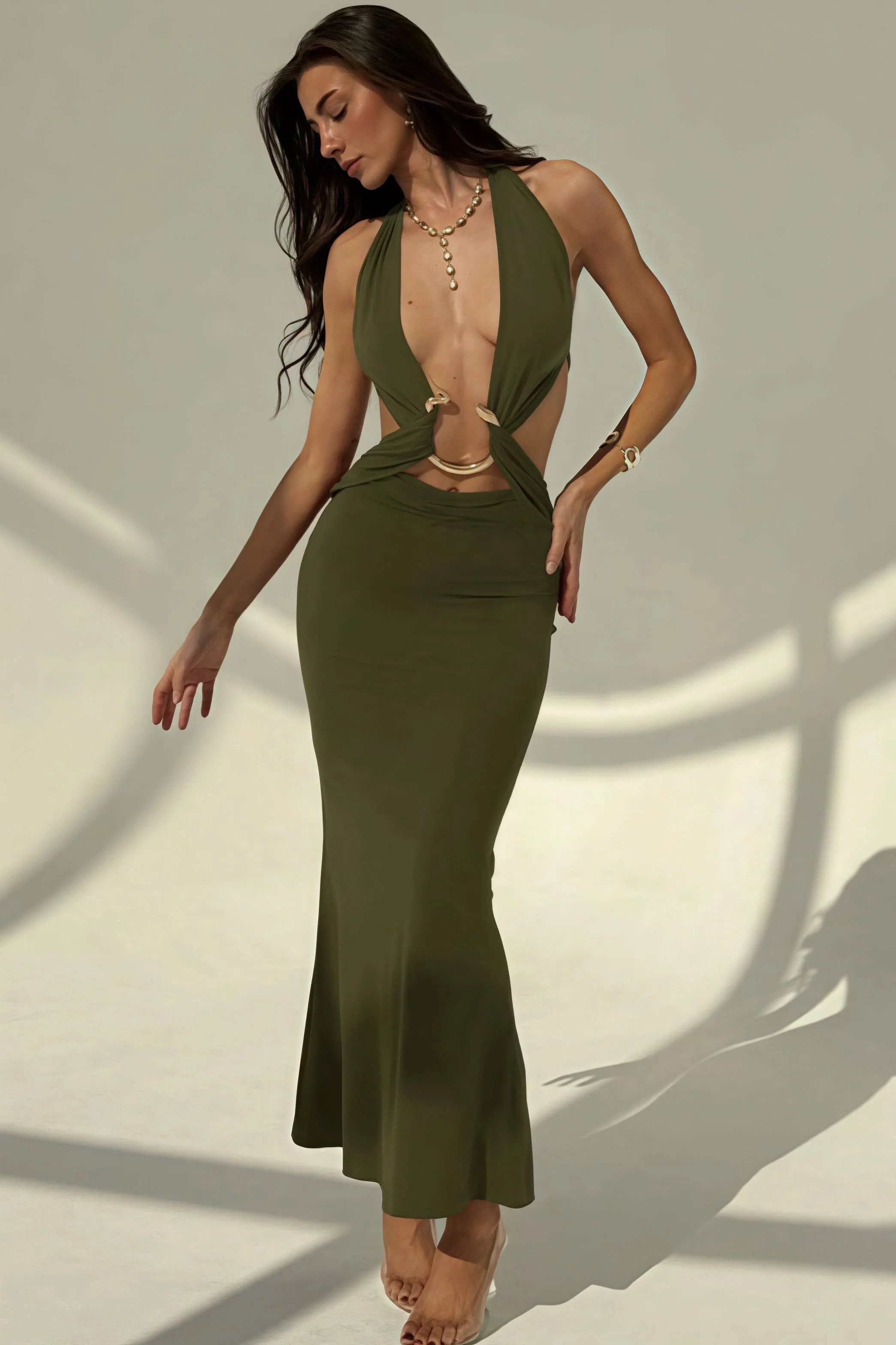 Sexy Halter Deep V Neck Backless Metal Maxi Dress - Image 10