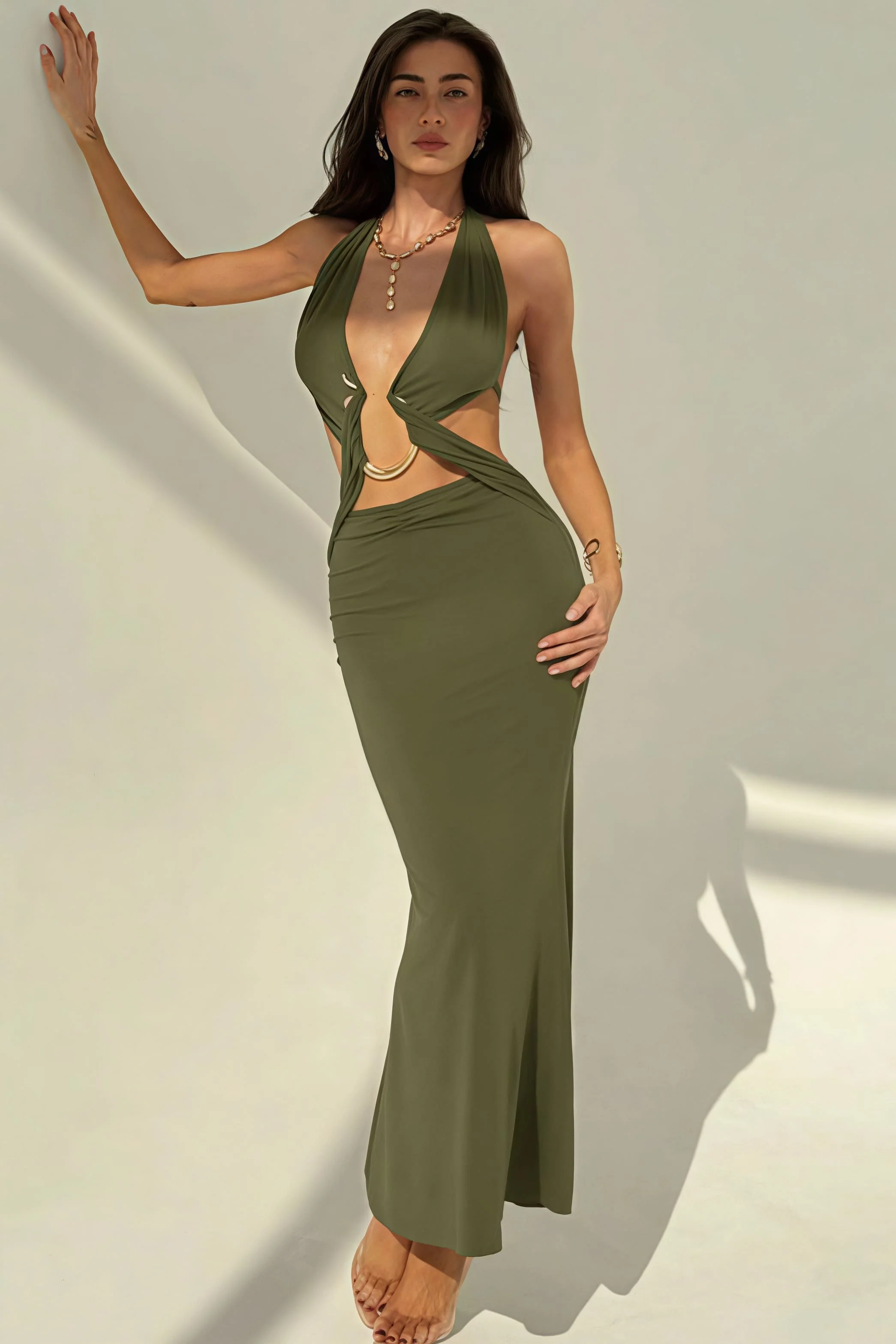 Sexy Halter Deep V Neck Backless Metal Maxi Dress - Image 12