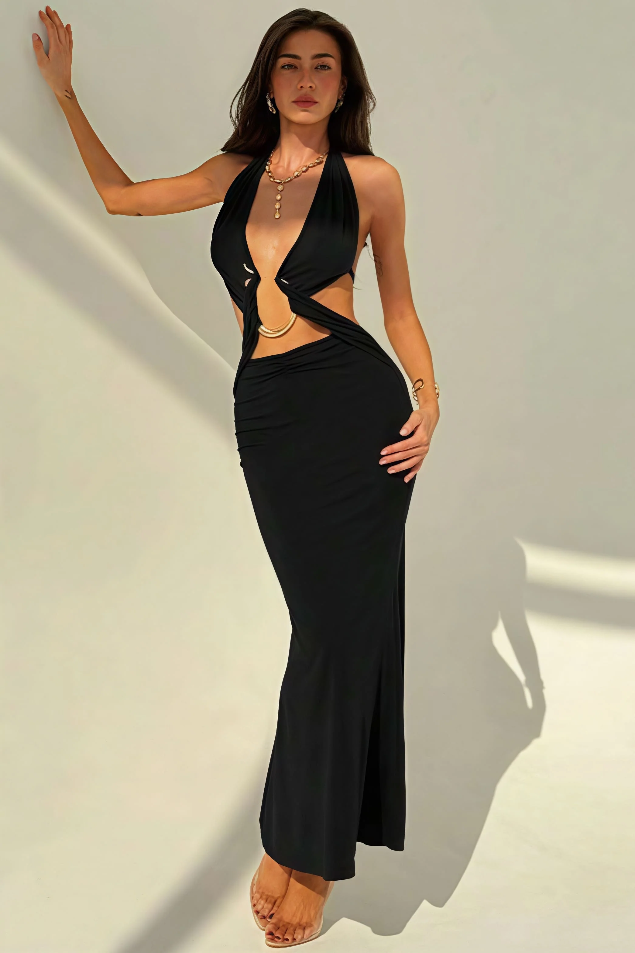 Sexy Halter Deep V Neck Backless Metal Maxi Dress - Image 6