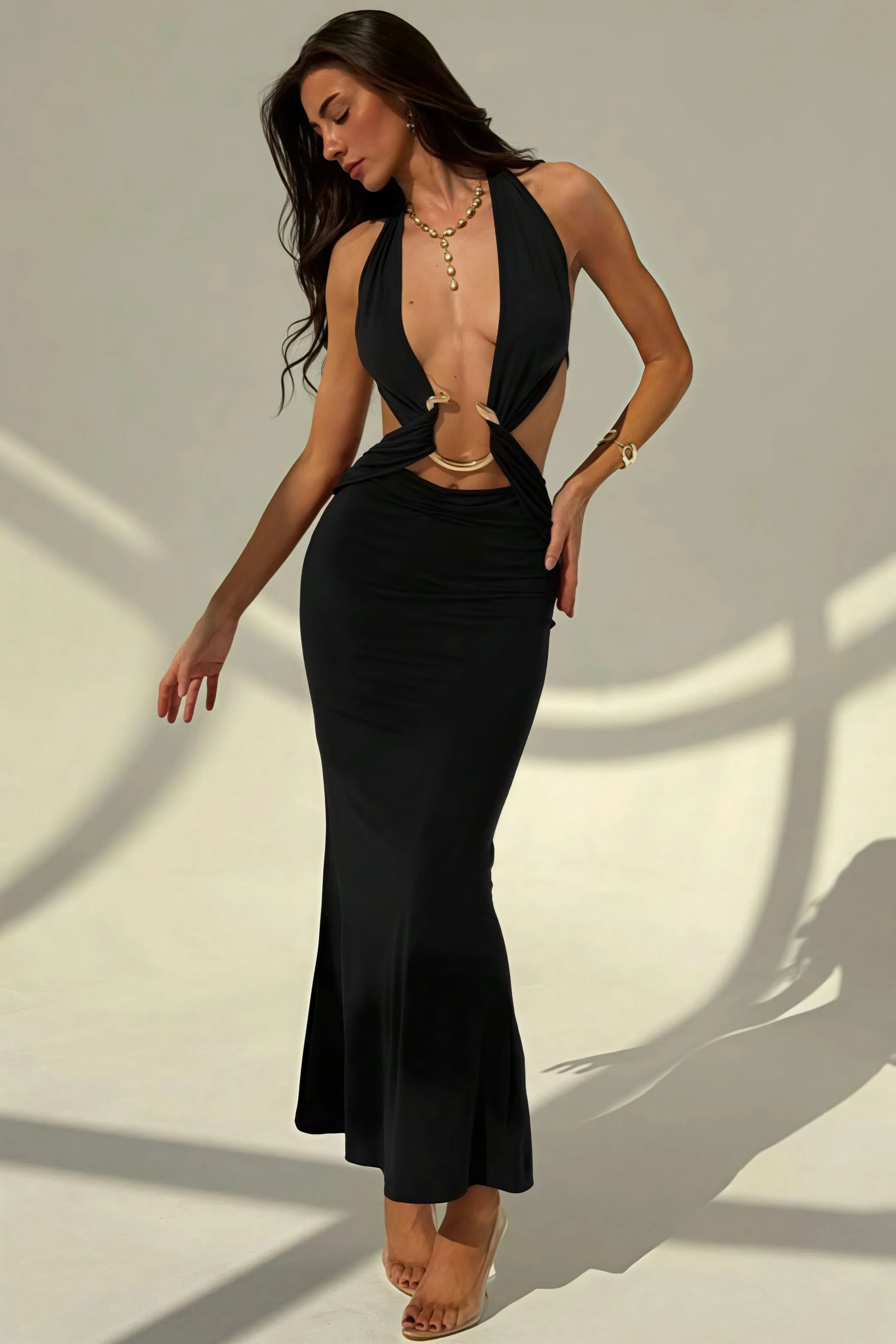 Sexy Halter Deep V Neck Backless Metal Maxi Dress - Image 7