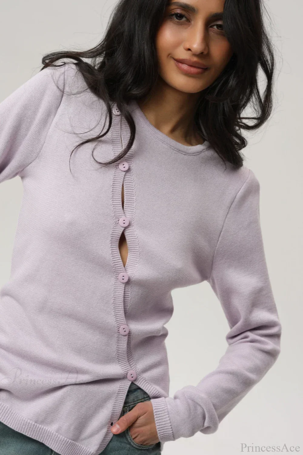 Sexy Irregular Crew Neck Long Sleeve Knit Sweater - Image 2