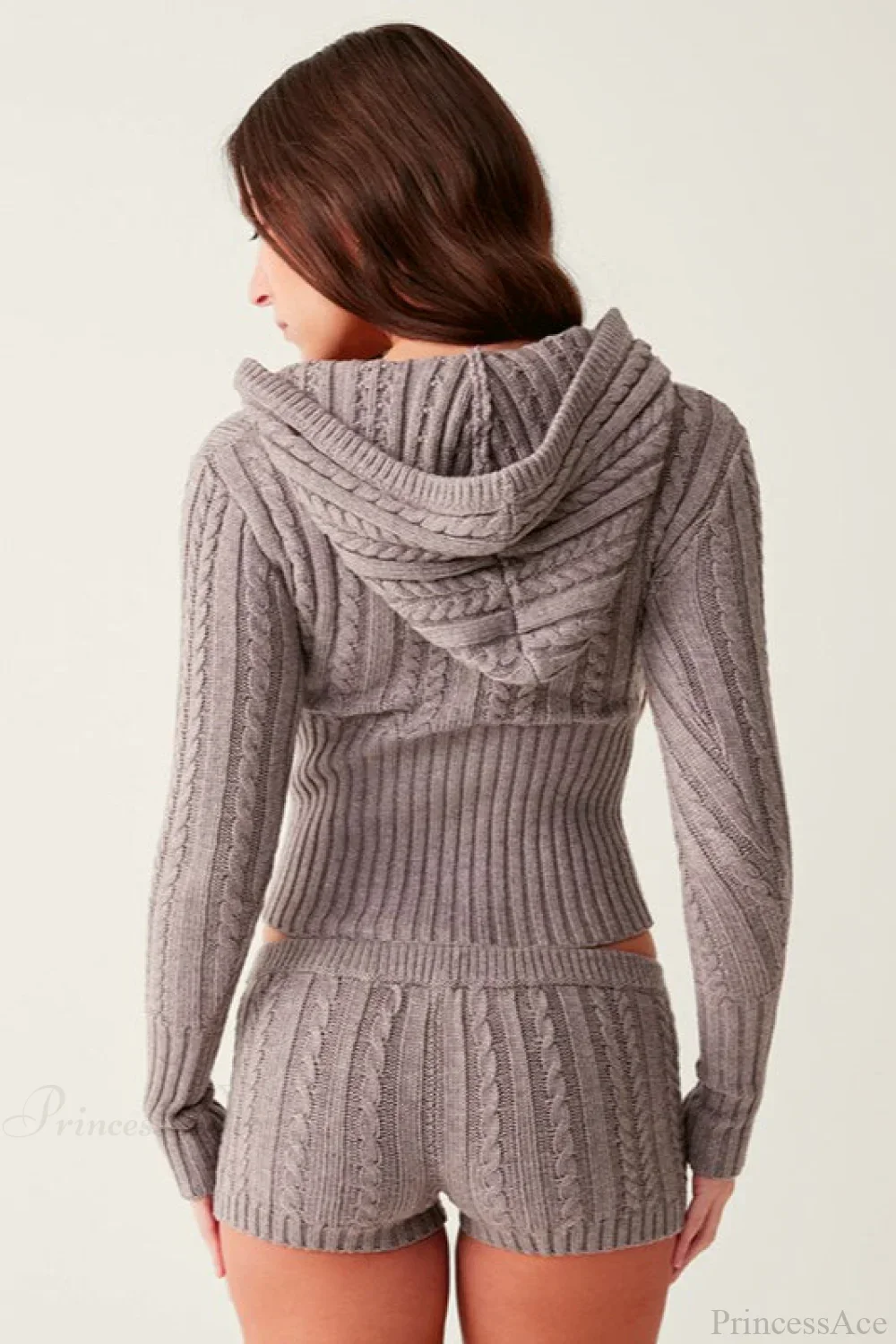 Vintage Sexy Knit Hooded Long Sleeve Cropped Two Piece Set - Image 2